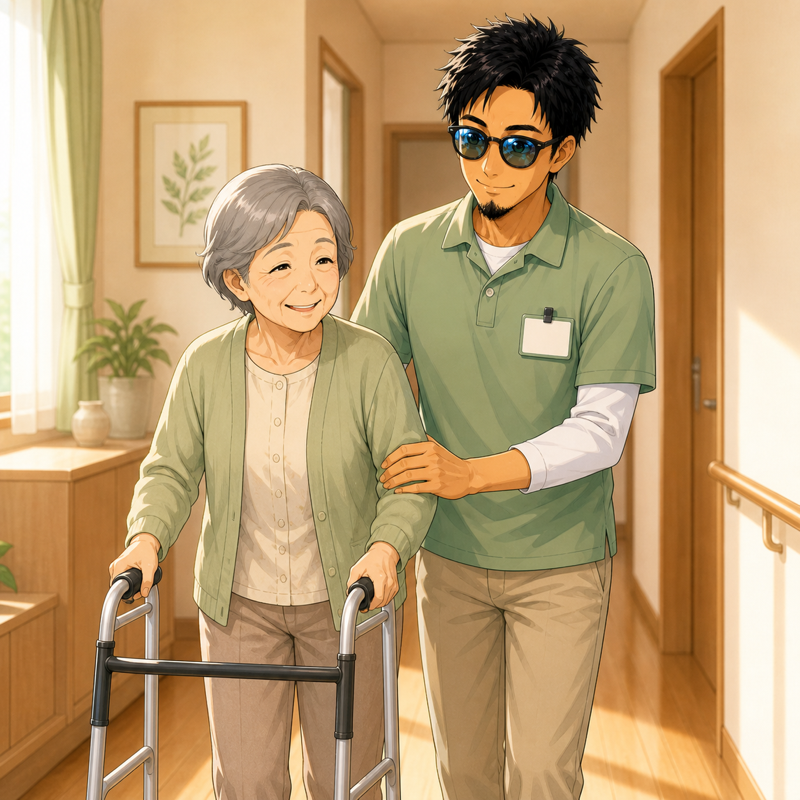 歩行器を使う高齢者を介助する介護職カヲル