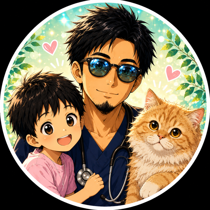 運営者カヲルと家族・猫のイラスト